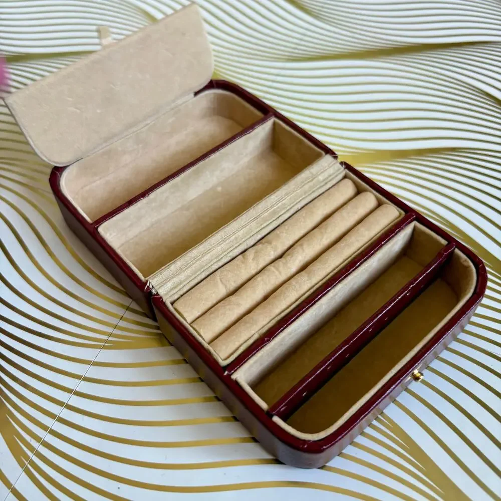 Vintage Burgundy Travel Jewelry Case Ring Roll Faux Leather Box